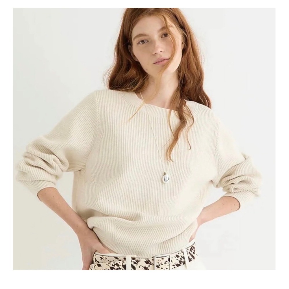 J.Crew Ribbed Stretch Crewneck Sweater Women Small Ivory BJ580 Relaxed Fit